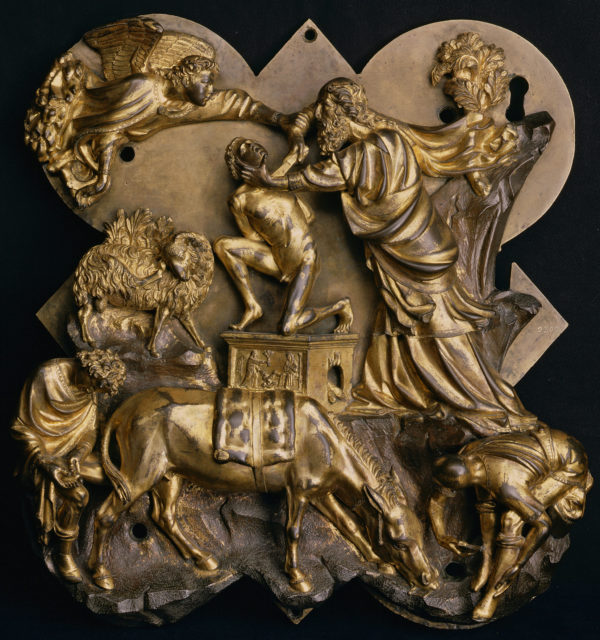Filippo Brunelleschi (Florence 1377–1446), Das Opfer Isaaks, 1401, teilweise vergoldete Bronze, 41.5 x 39.5 x 9 cm. Florenz, Museo Nazionale del Bargello - Foto © Lorenzo Mennonna. By permission of Ministero per i Beni e le AttivitàCulturali.